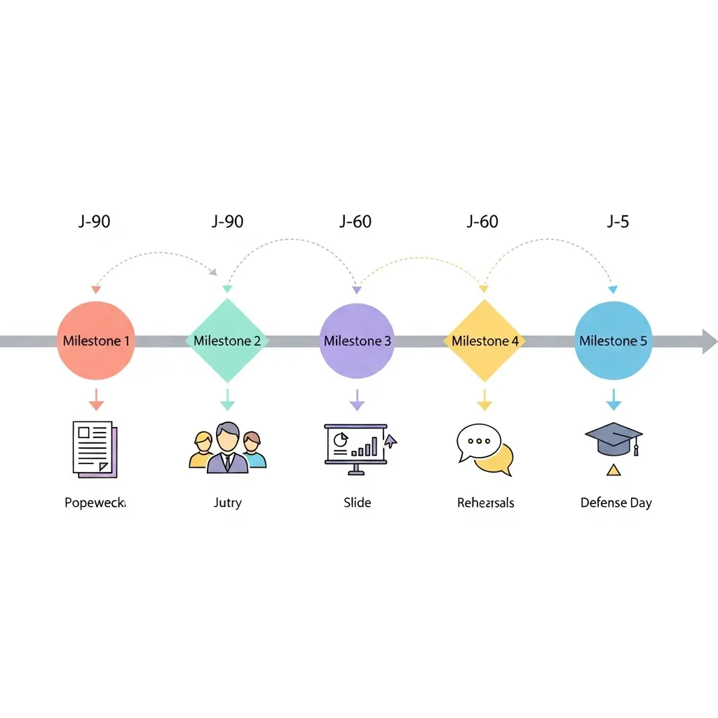 Timeline visuelle avec jalons colorés montrant les étapes de préparation de J-90 au jour de la soutenance