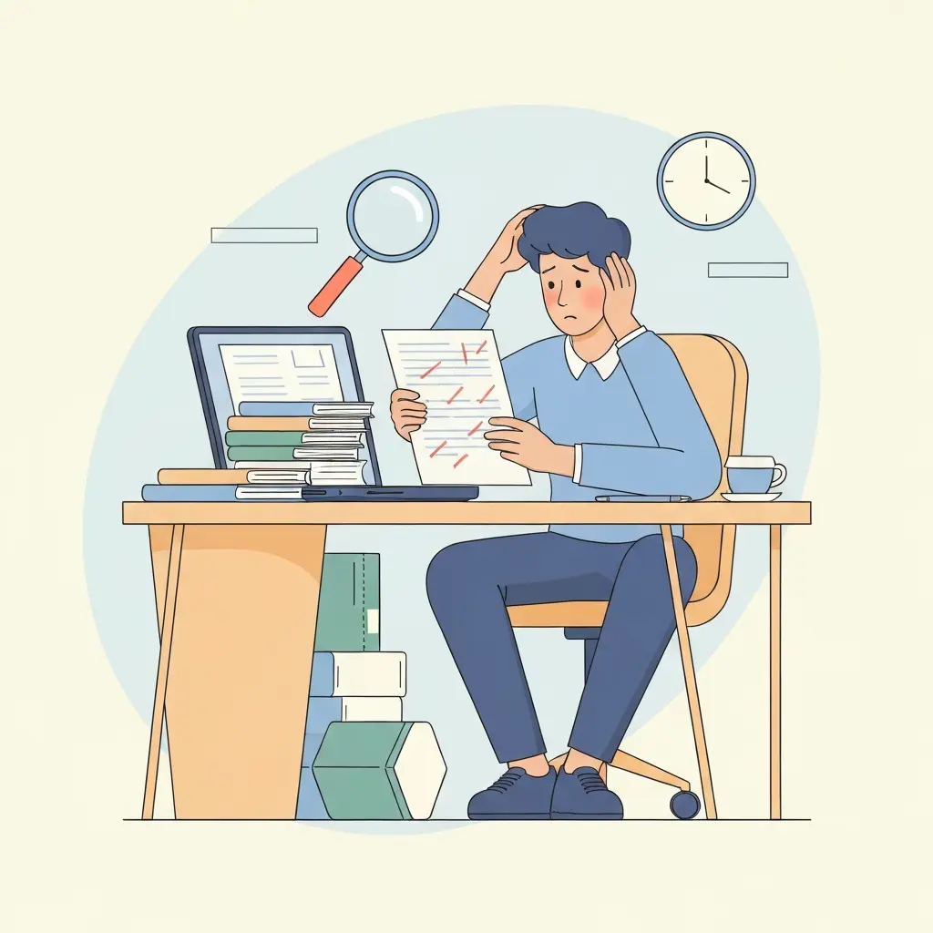 Doctorant stressé découvrant des erreurs d'orthographe dans sa thèse