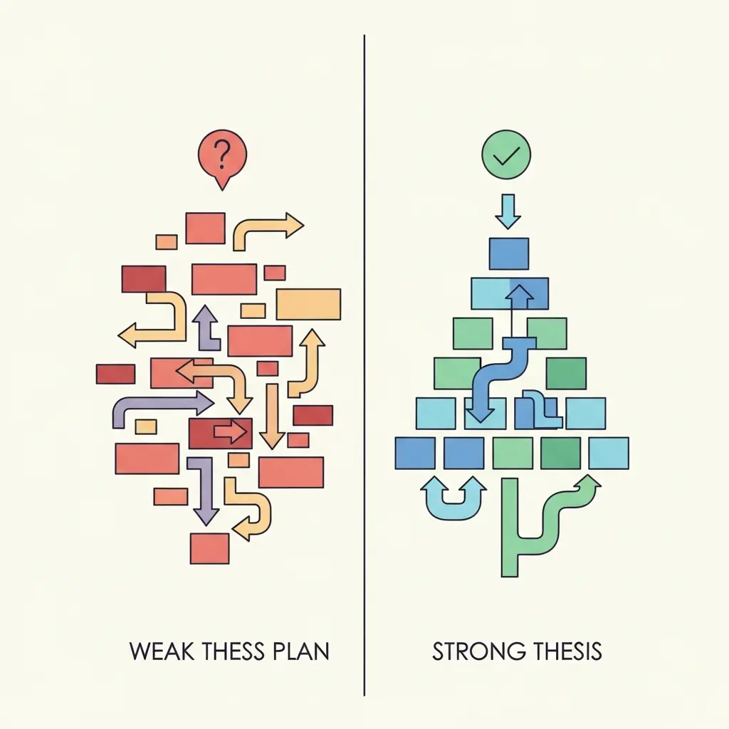 Comparaison visuelle entre un plan de thèse chaotique et un plan structuré argumentatif