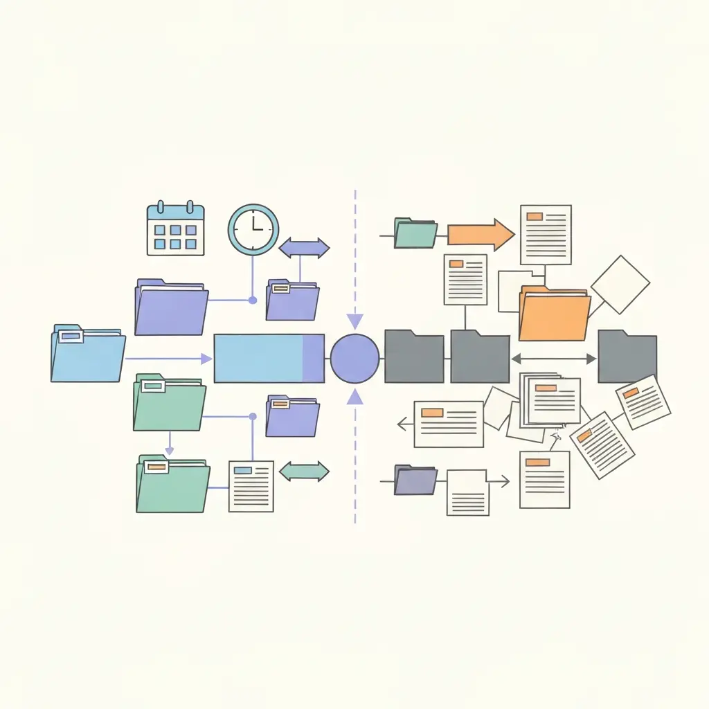 Système de documentation organisé avec dossiers connectés en timeline, illustrant les bonnes pratiques de traçabilité versus le chaos documentaire