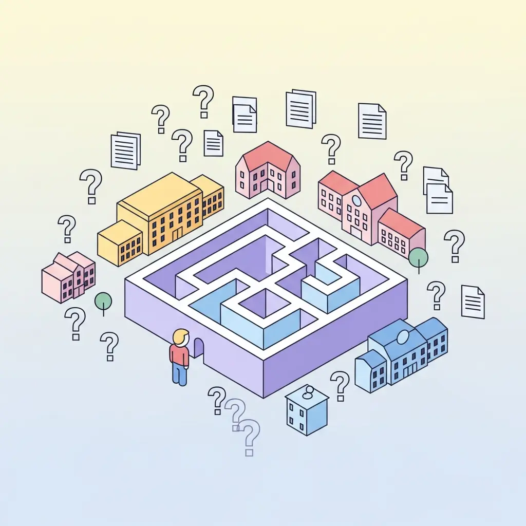 Labyrinthe symbolisant la confusion autour des politiques IA universitaires