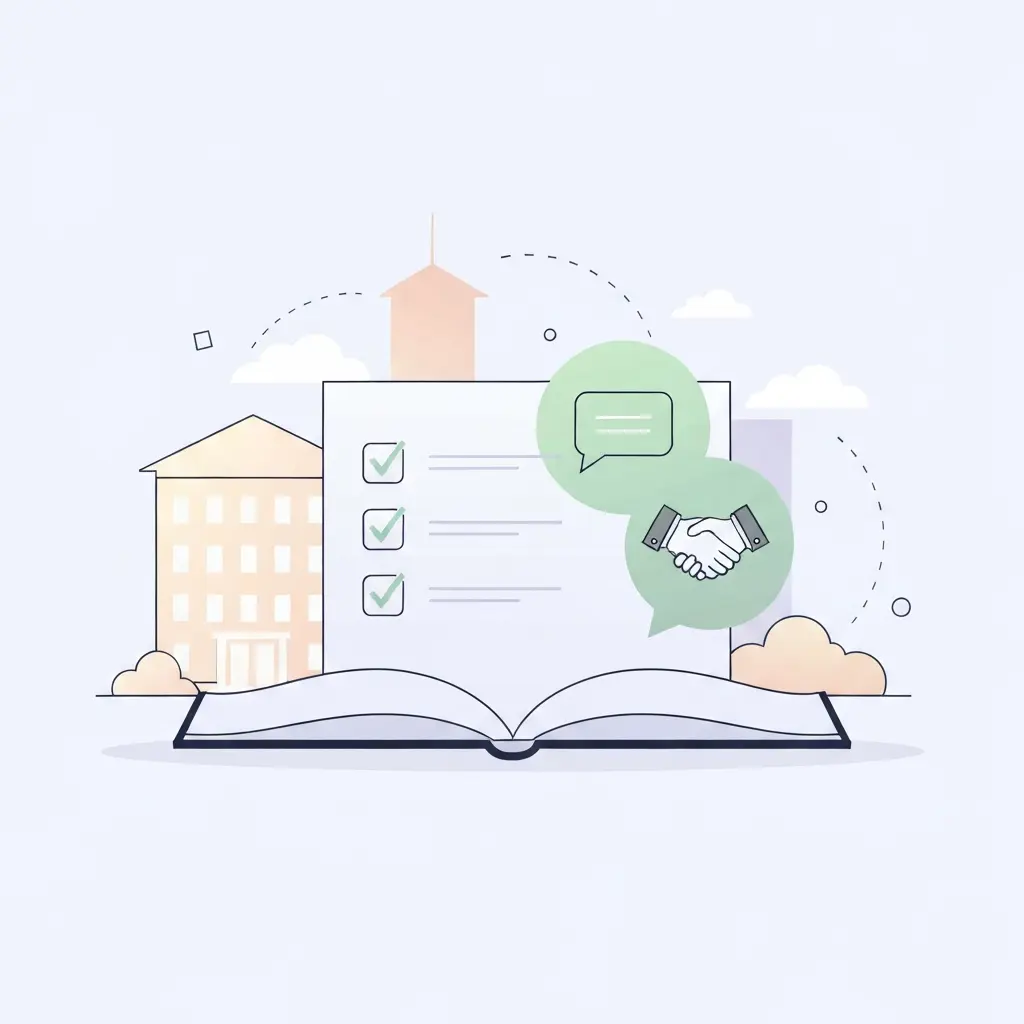 Illustration représentant les politiques universitaires de transparence avec un bâtiment académique et des symboles de communication