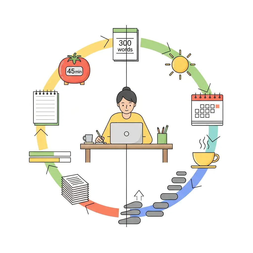 Routine de rédaction productive avec technique Pomodoro et objectifs quotidiens