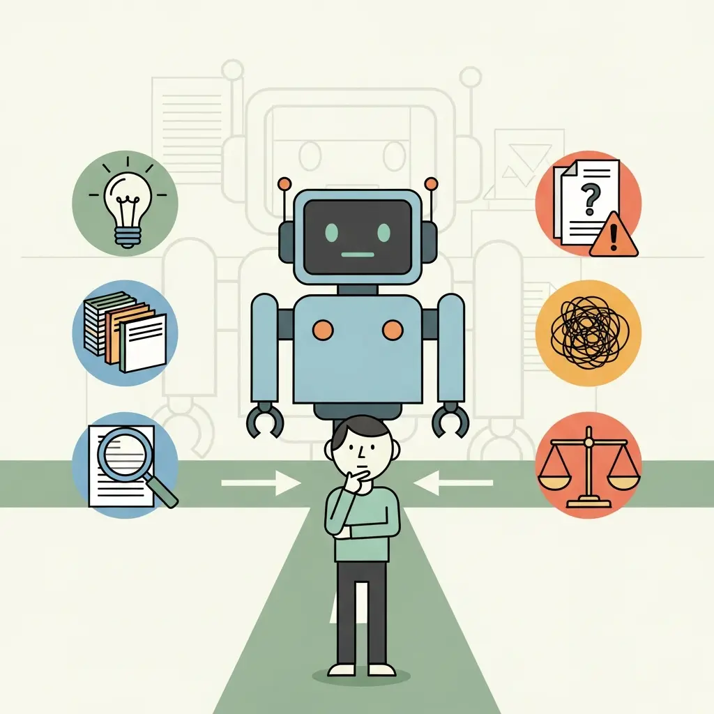 Robot IA à un carrefour symbolisant les choix éthiques dans la rédaction académique