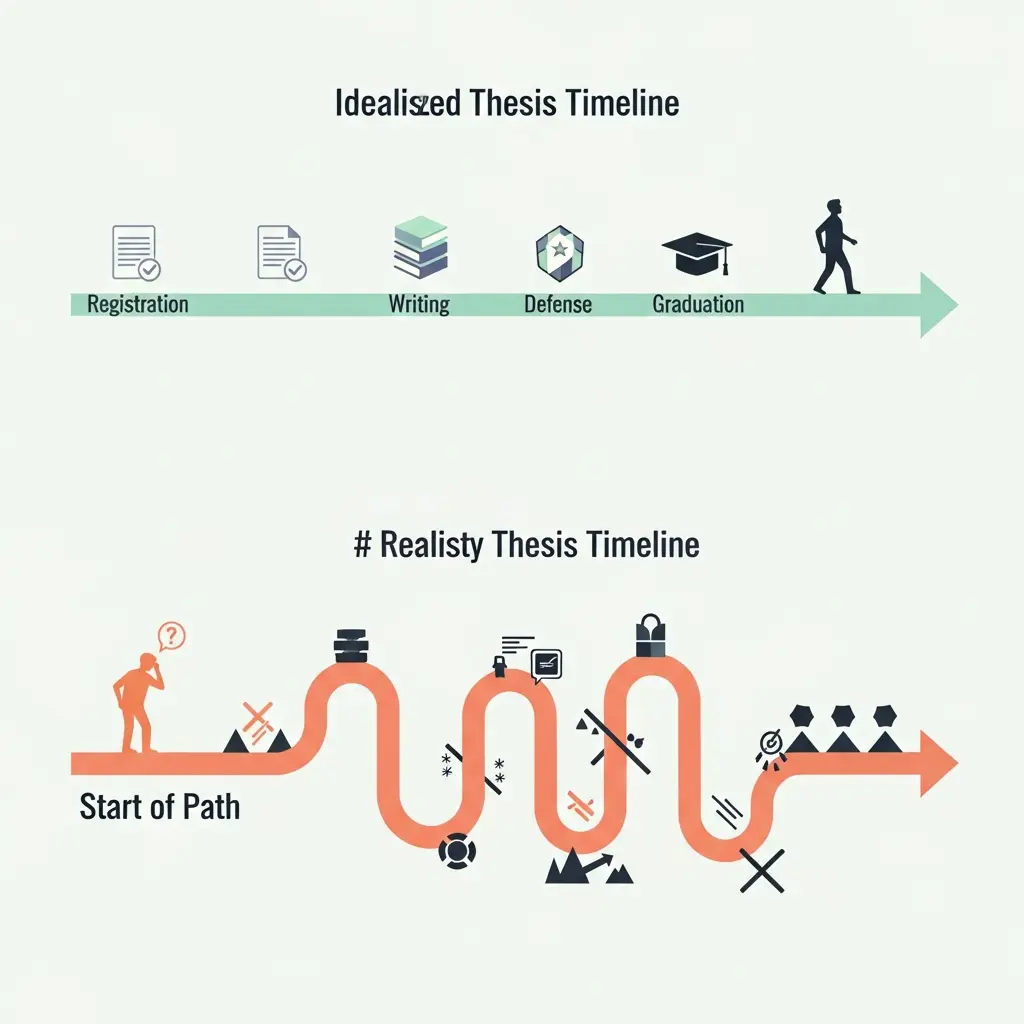 Comparaison visuelle entre le parcours doctoral idéal (linéaire) et la réalité (sinueux avec obstacles)