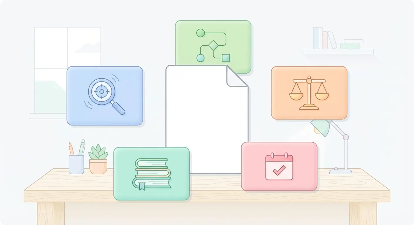 Illustration d'un plan de mémoire universitaire structuré avec ses cinq composantes clés : problématique, structure, équilibre des parties, bibliographie et calendrier