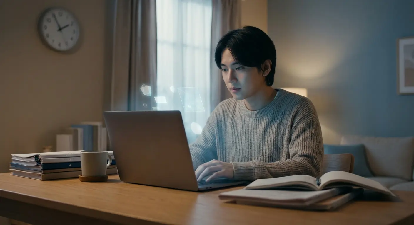 Étudiante travaillant tard le soir sur son mémoire universitaire avec une IA, entourée de documents académiques et d'une tasse de café