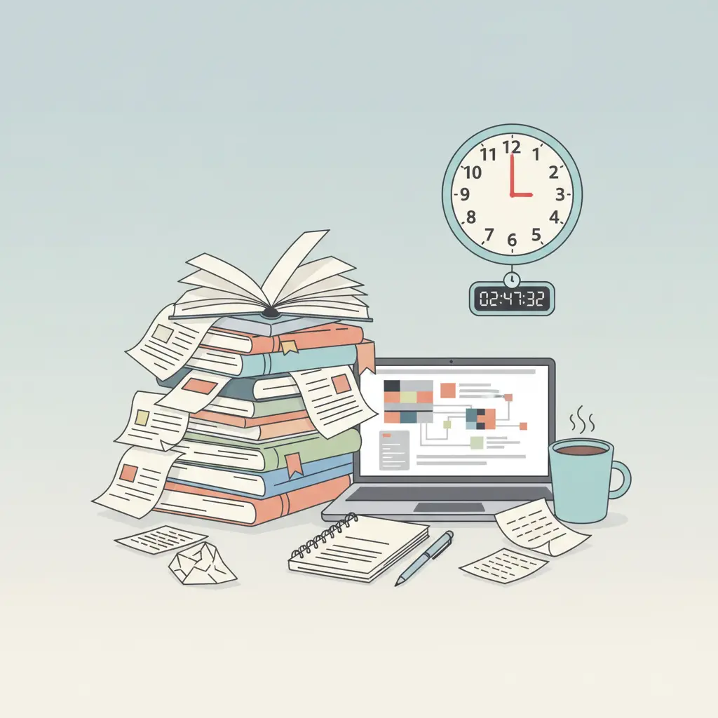 Étudiant frustré travaillant tard la nuit sur la bibliographie de son mémoire, bureau encombré avec ordinateur portable, pile de papiers et tasse de café