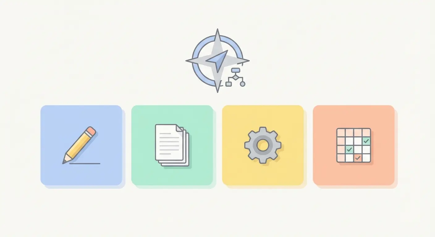 Illustration des quatre phases de rédaction du mémoire : planification, brouillon, révision et finalisation