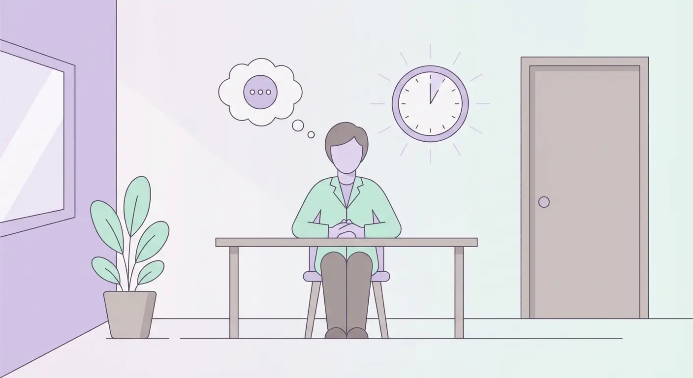 Étudiant utilisant le silence stratégique pour structurer sa réponse lors d'une soutenance de mémoire, illustration vectorielle calme et minimaliste