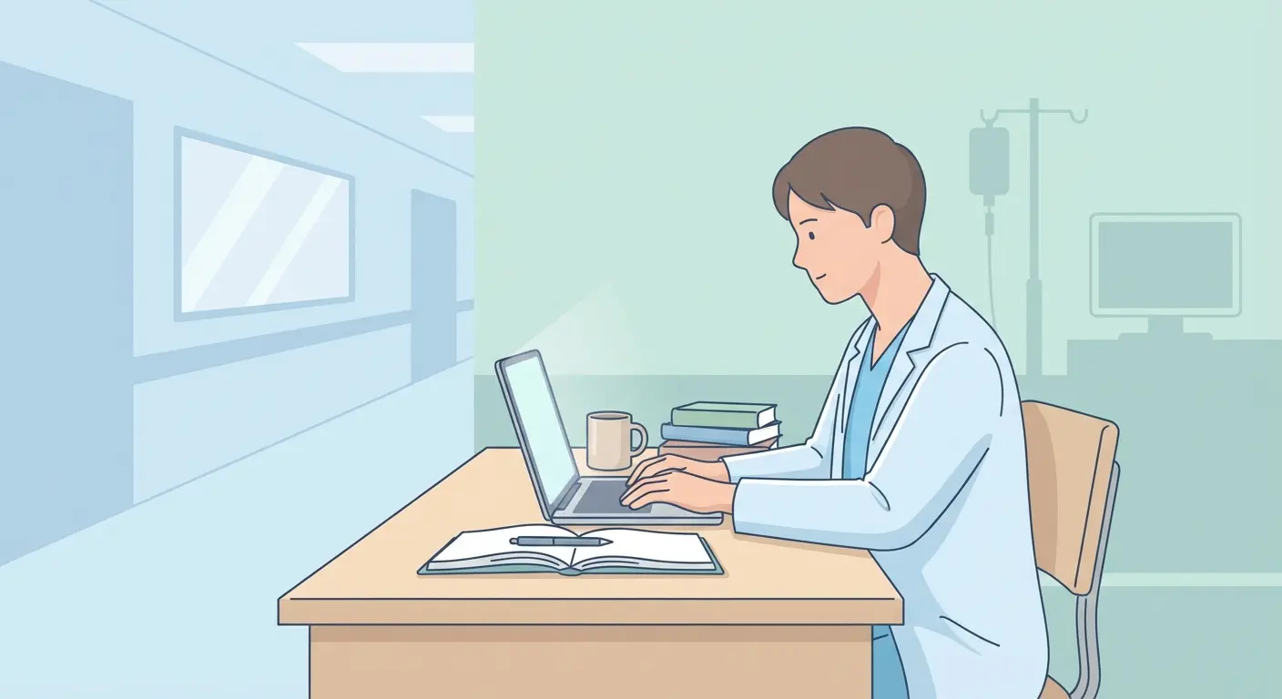 Étudiant infirmier rédigeant son mémoire à un bureau en milieu hospitalier, ordinateur portable et manuels de soins infirmiers ouverts