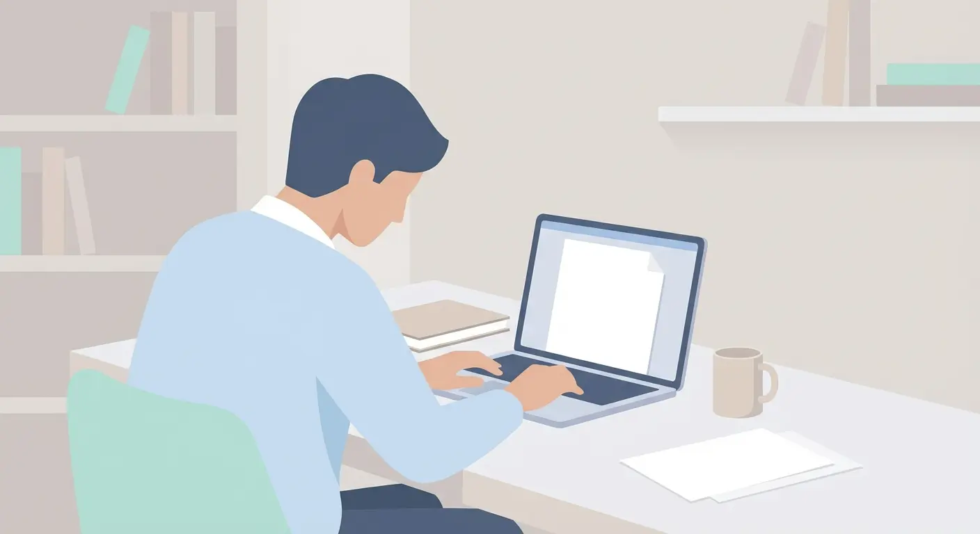 Étudiant face à un écran blanc sur son ordinateur, illustrant le blocage lors de la rédaction de mémoire avec IA