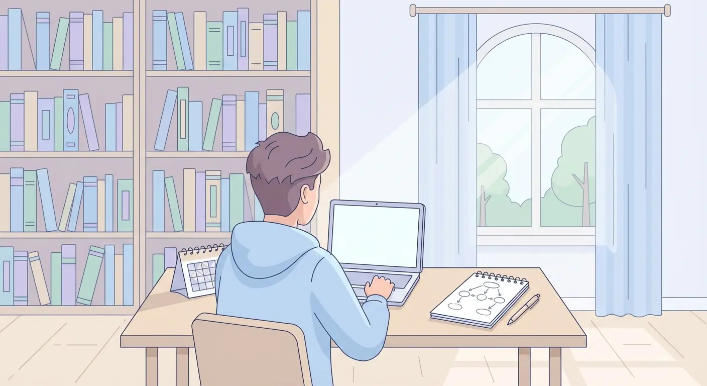 Étudiant universitaire rédigeant son mémoire à un bureau en bibliothèque, avec un ordinateur portable et un carnet de planification méthodologique