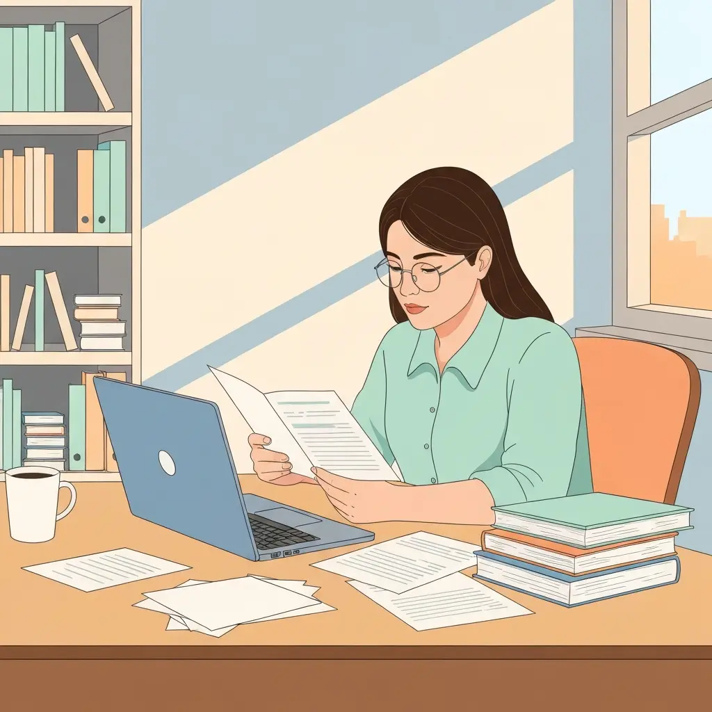 Étudiant en train de corriger son mémoire en ligne avec un ordinateur portable et des notes de cours sur son bureau