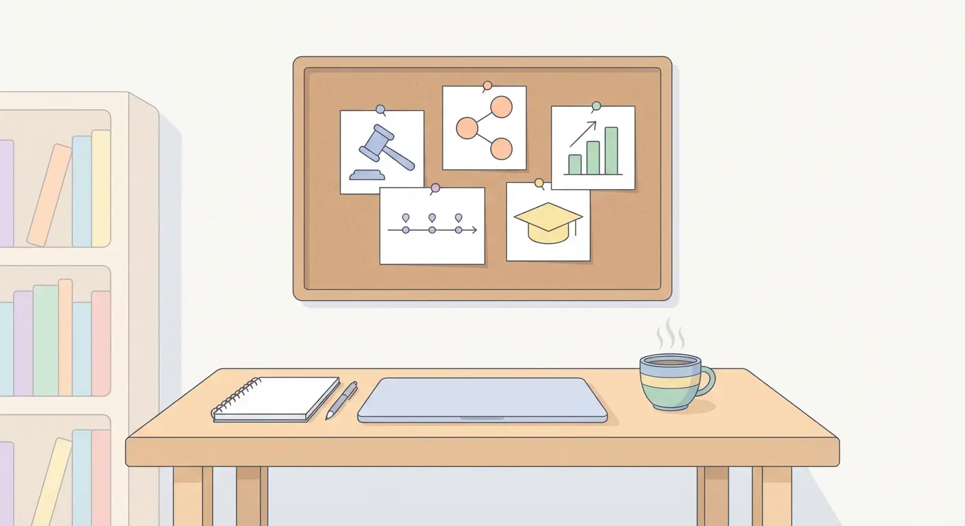 Exemples de problématiques de mémoire par discipline — droit, sociologie, gestion, histoire et sciences de l'éducation illustrés par des icônes thématiques