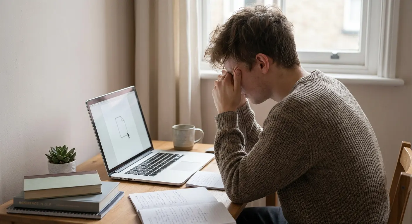 Étudiant frustré face à son logiciel de rédaction de mémoire sur un écran d'ordinateur avec des notes éparpillées