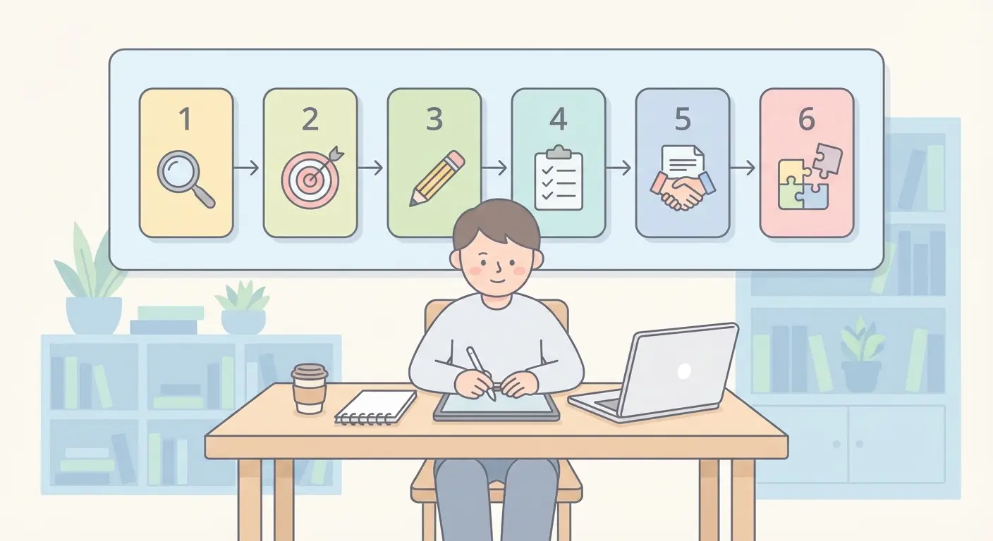 Méthode en 6 étapes pour formuler une problématique de mémoire illustrée par un diagramme de flux avec icônes : exploration, identification, rédaction provisoire, validation, échange avec le directeur, alignement avec le plan