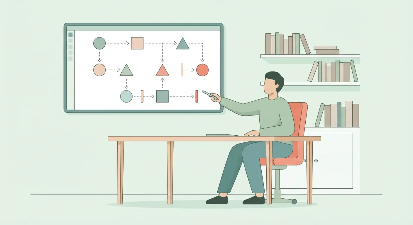 Chercheur expliquant les limites méthodologiques d'un mémoire devant un jury, illustration vectorielle pédagogique