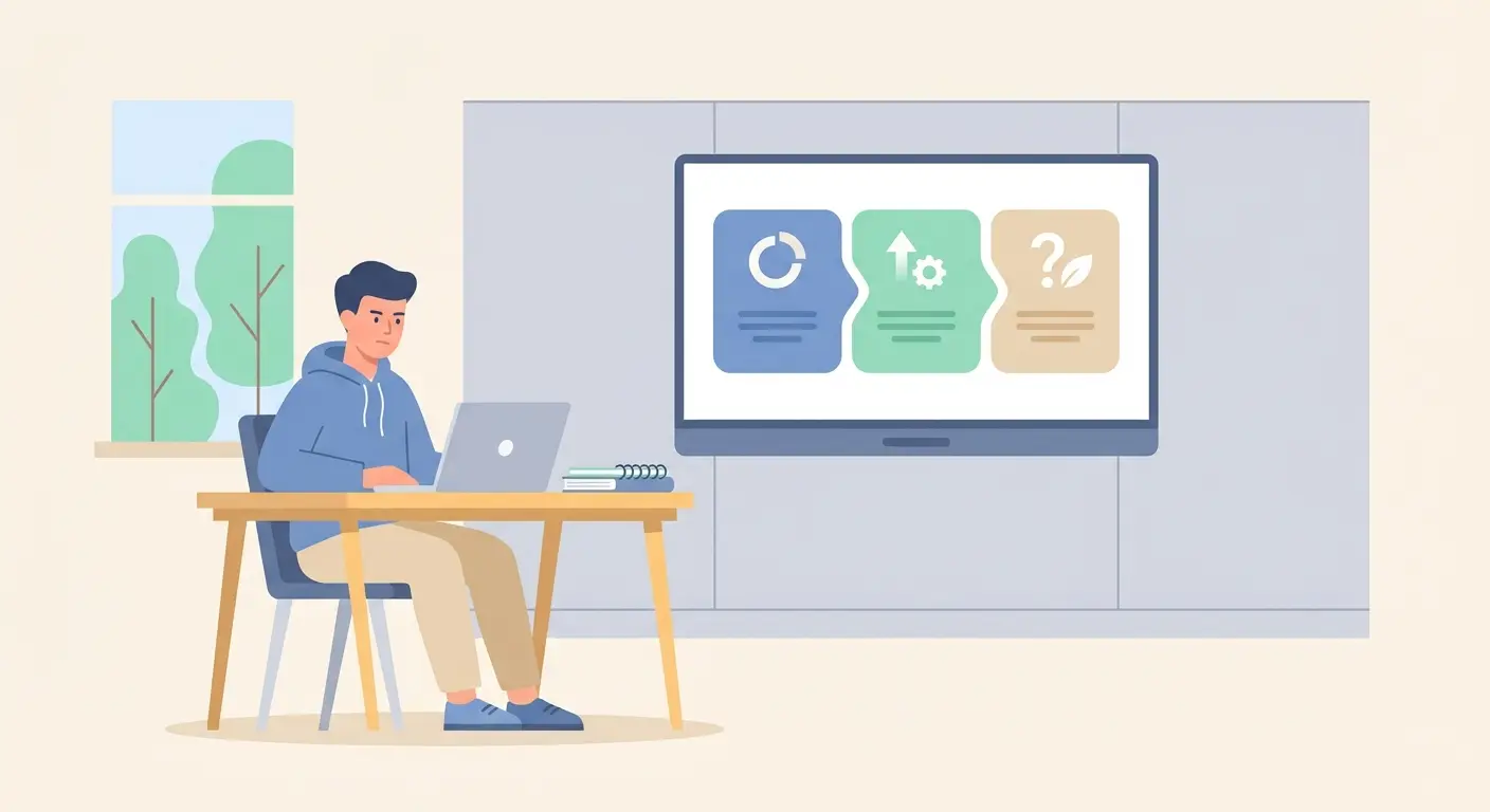 Étudiant préparant la structure en 3 actes de sa soutenance de mémoire dans une salle universitaire moderne