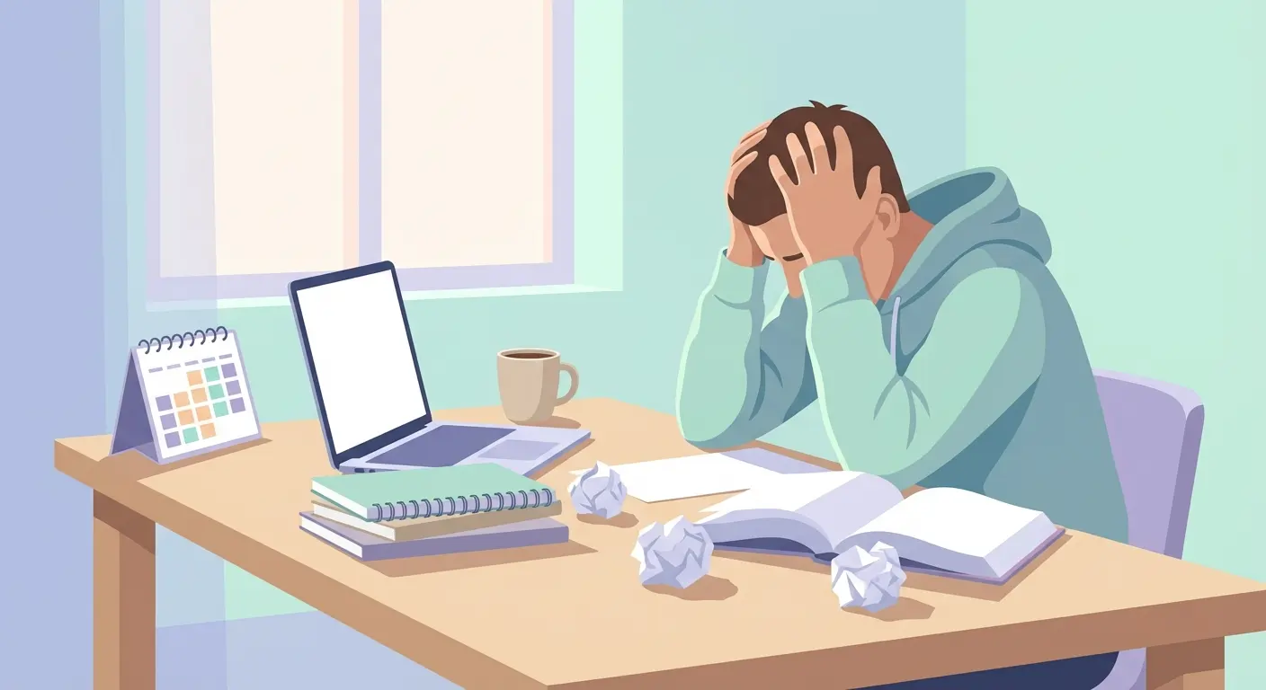 Étudiant stressé devant son mémoire universitaire, rédaction de mémoire avec IA et anti-plagiat