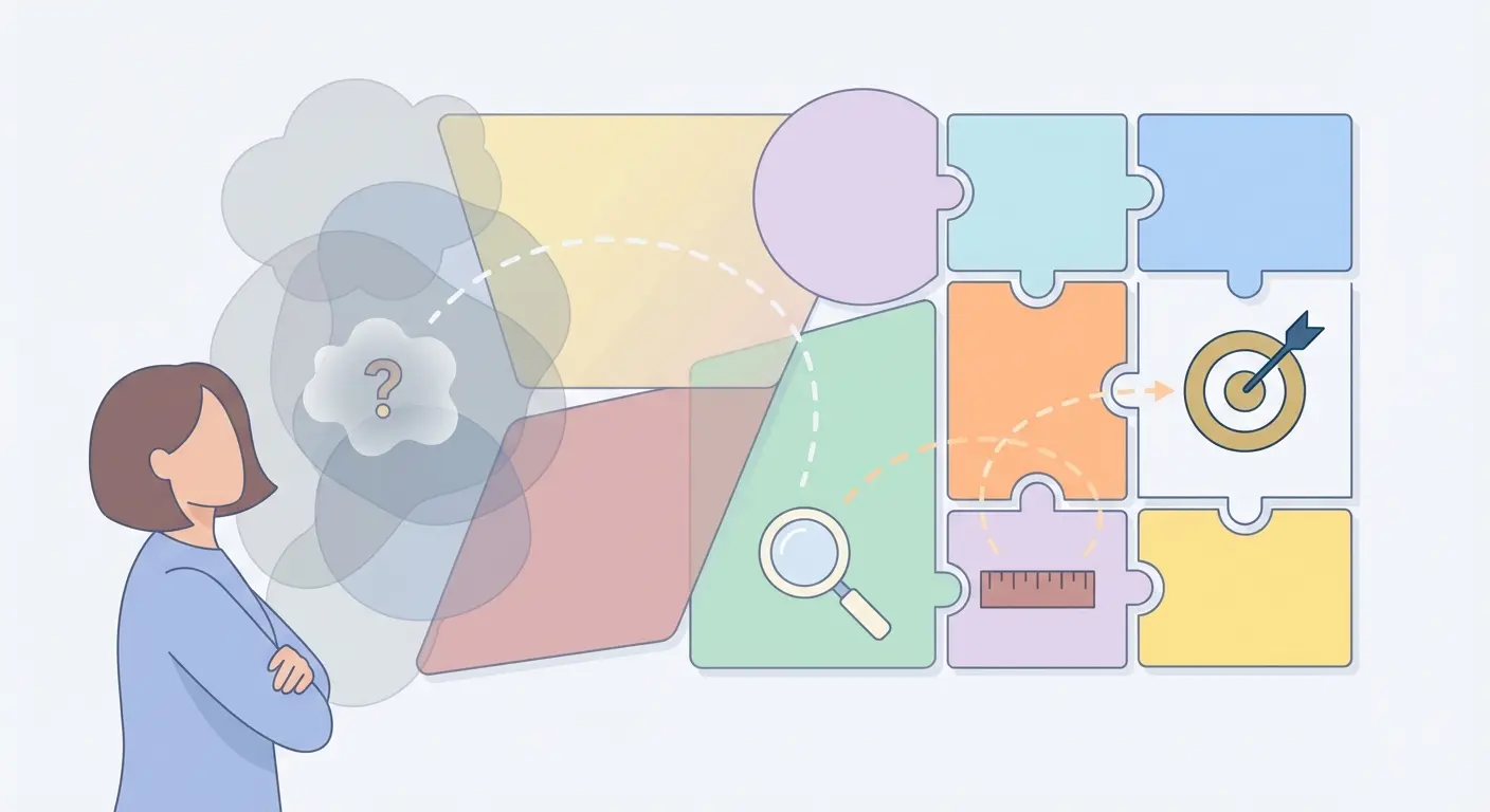 Illustration de la construction d'une problématique de mémoire : progression d'un concept flou vers une question de recherche précise et délimitée