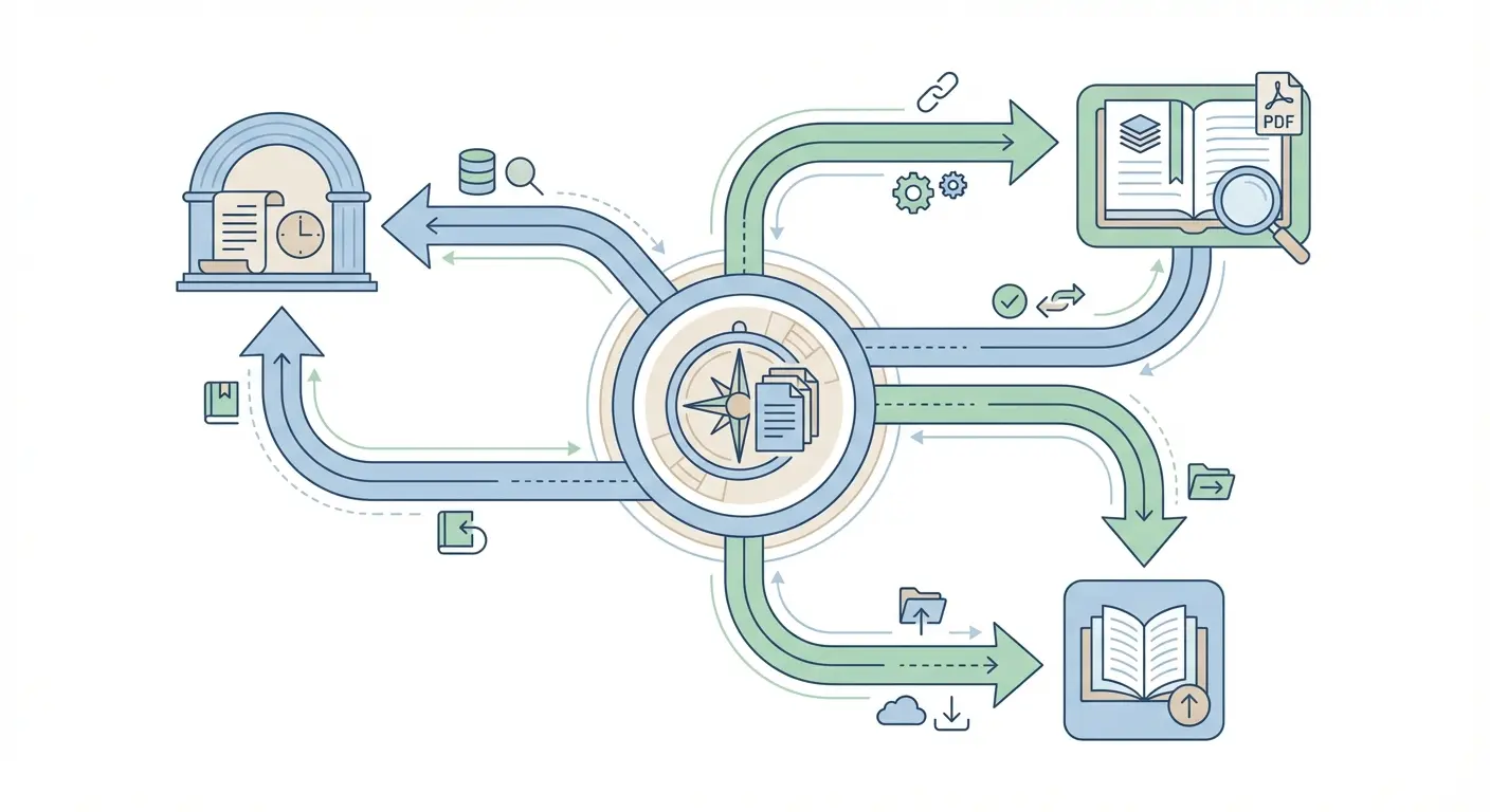 Schéma de croisement méthodologique entre thèses.fr, HAL, Cairn.info et Persée pour une recherche documentaire complète