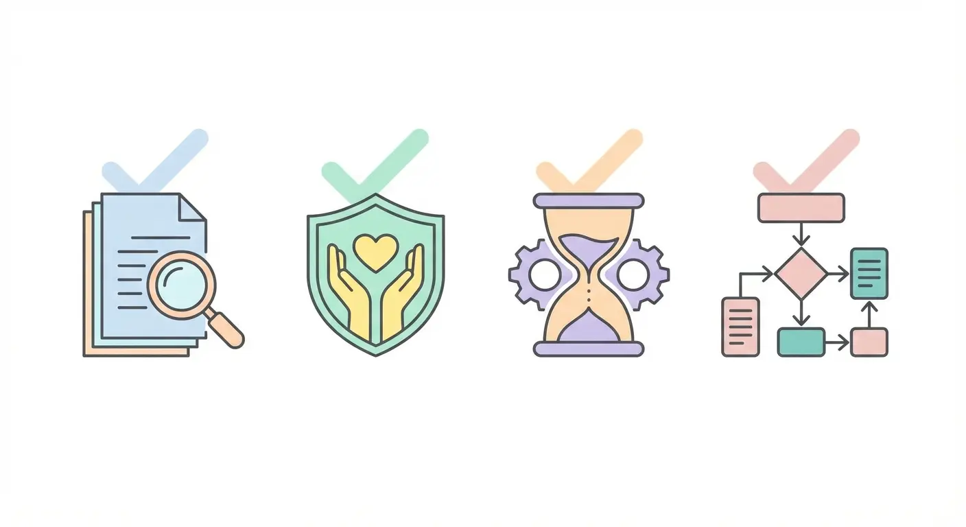 Checklist méthodologique pour l'entretien semi-directif en recherche qualitative : icônes symbolisant les étapes documents, éthique, chronologie et codage