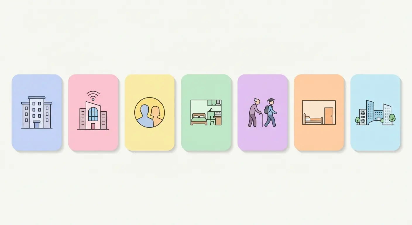 Les 7 types de logements étudiants en France : CROUS, résidence privée, colocation, studio, intergénérationnel, chambre chez l'habitant, cité universitaire