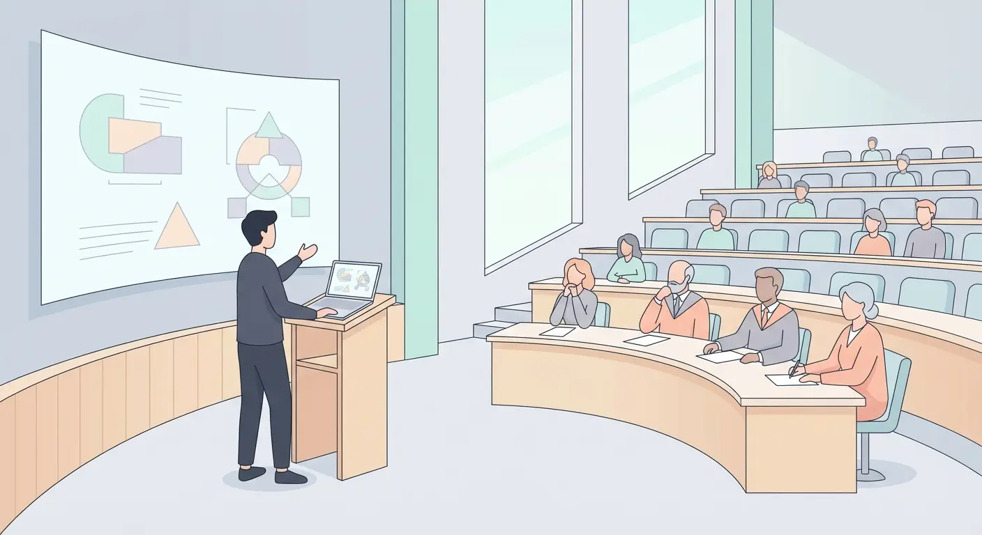 Étudiant présentant sa soutenance de mémoire devant un jury dans une salle universitaire moderne, illustration vectorielle pastel