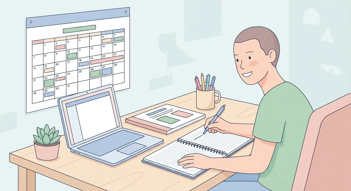 Étudiant planifiant la rédaction de son mémoire sur 30 jours avec calendrier et ordinateur portable