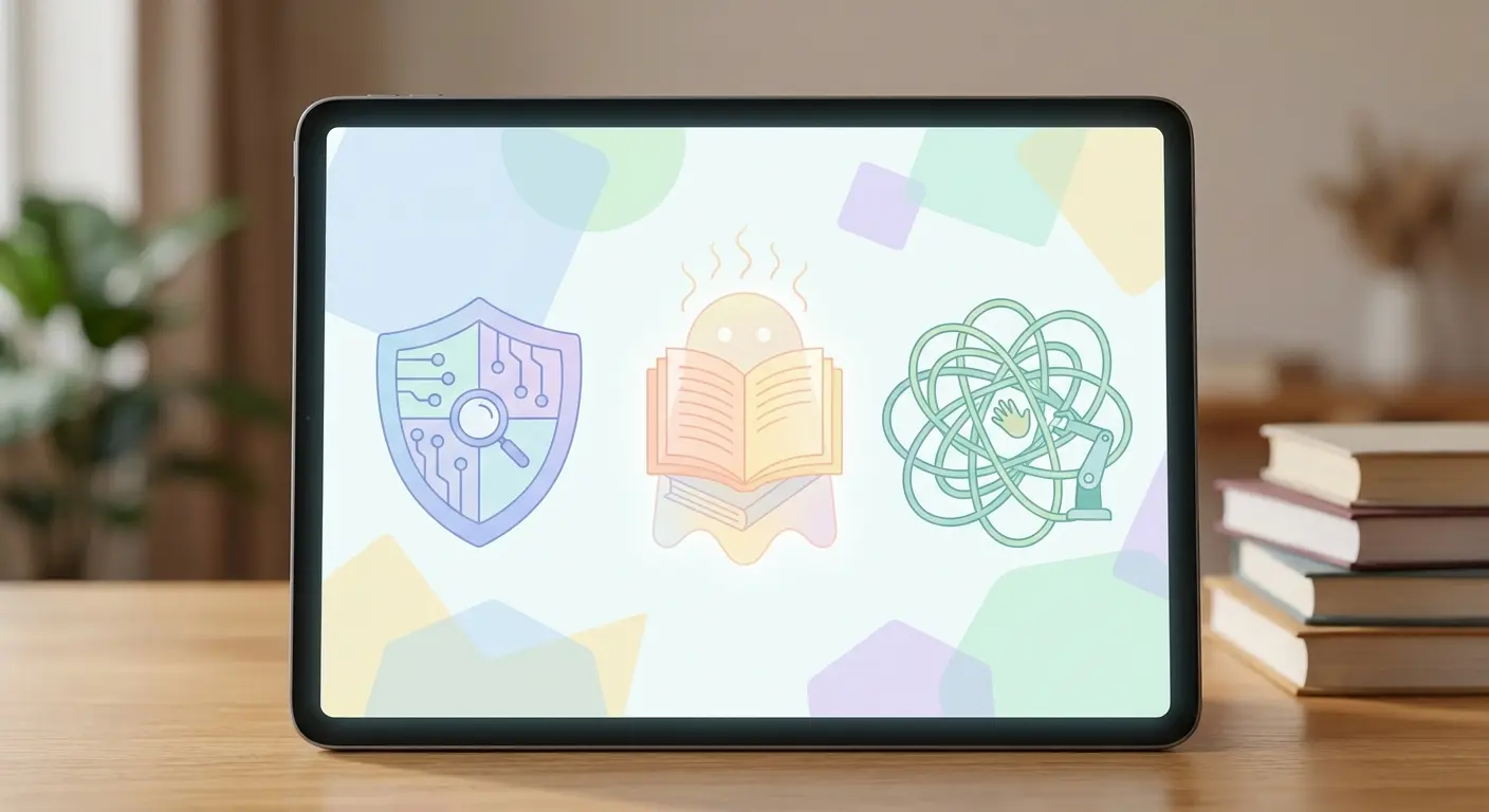 Illustration des trois risques de l'IA dans la rédaction de mémoire : détection, hallucinations bibliographiques et dépendance