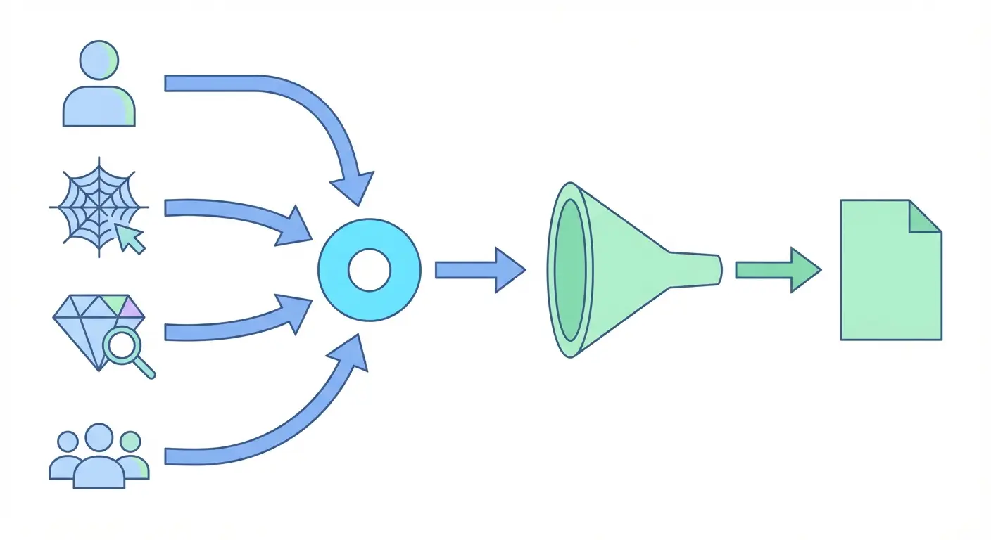 Diagramme de cadrage de question de recherche montrant quatre modèles méthodologiques (PICO, SPIDER, FINER, PEO) convergeant vers une question précise, puis un entonnoir vers une introduction draft