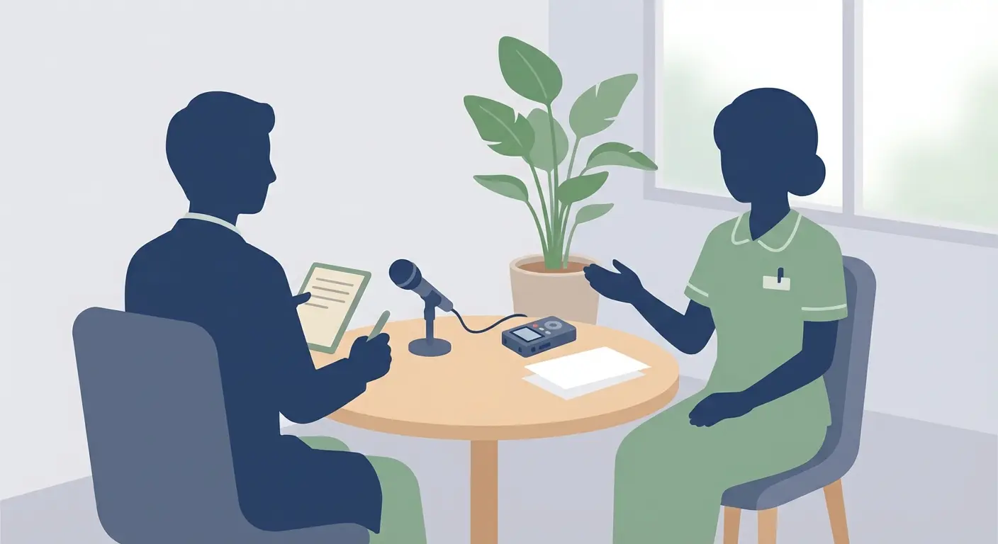 Entretien semi-directif pour mémoire infirmier : étudiant interviewer et infirmier participant assis face à face autour d'une table avec enregistreur