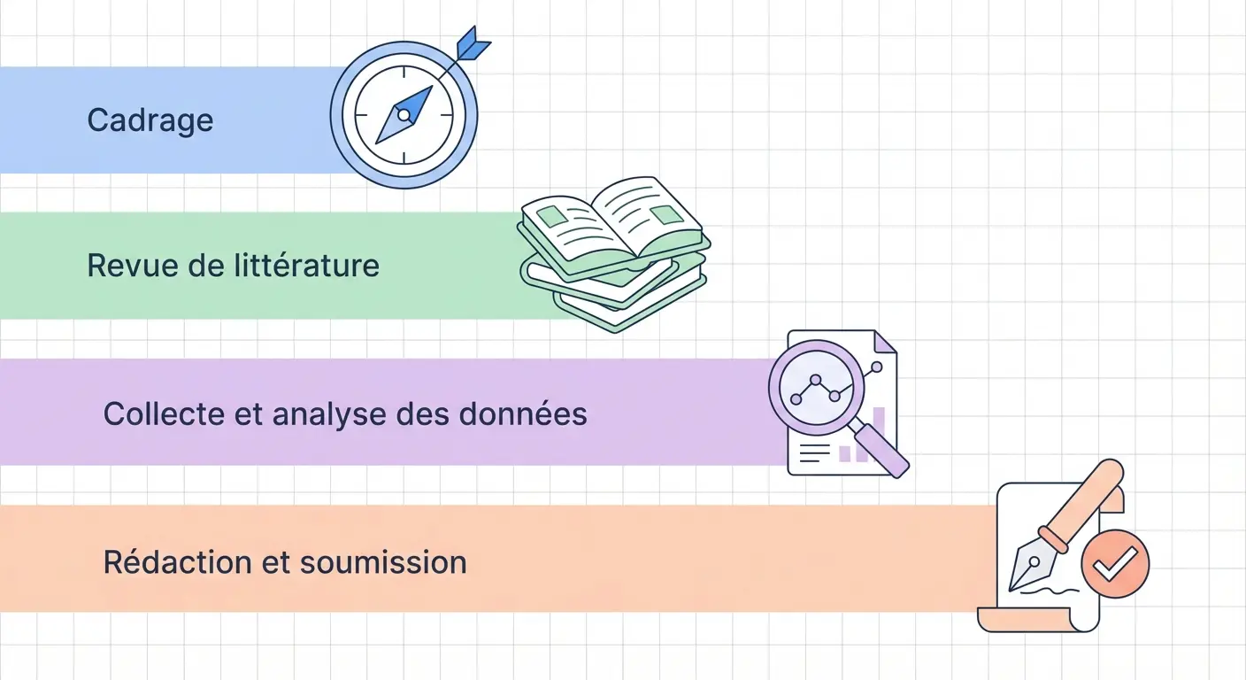 Méthodologie de recherche — calendrier sur 3 mois illustrant les quatre phases (cadrage, revue de littérature, collecte et analyse, rédaction) en bandes horizontales pastels