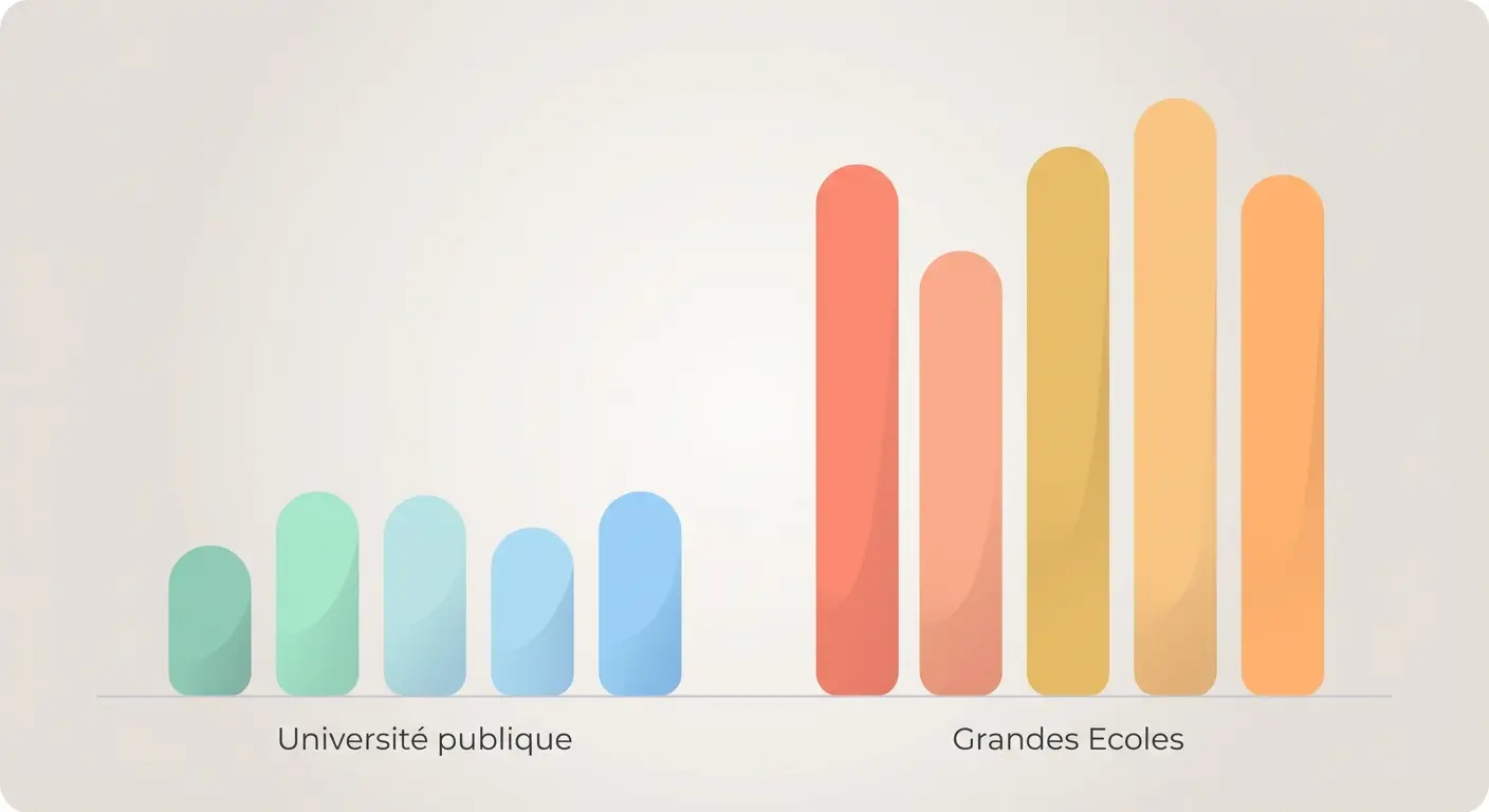 Illustration de l'écart de coût entre universités publiques françaises et Grandes Écoles en 2026 — frais de scolarité comparés sur 5 ans