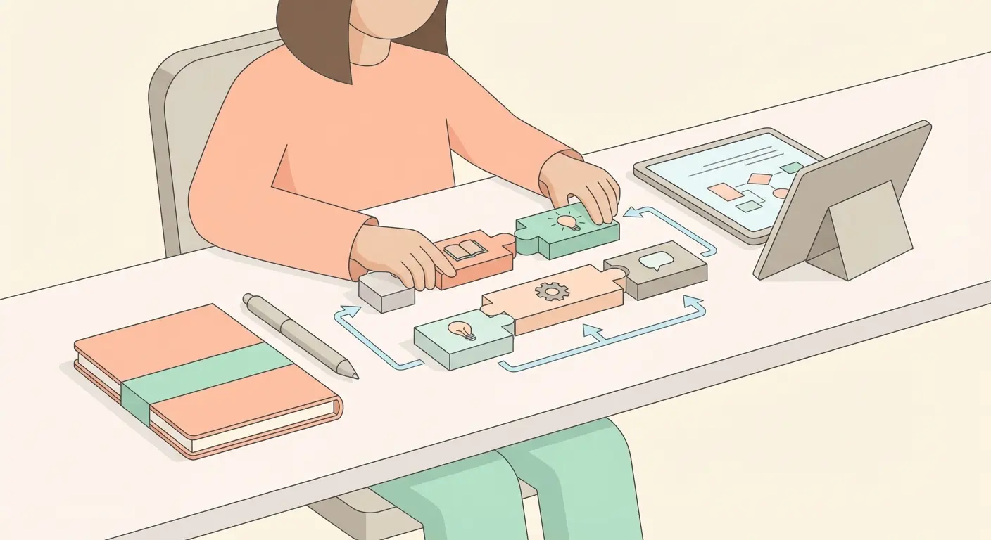 Illustration d'un étudiant assemblant un mémoire par blocs modulaires représentant chaque partie de l'argumentation