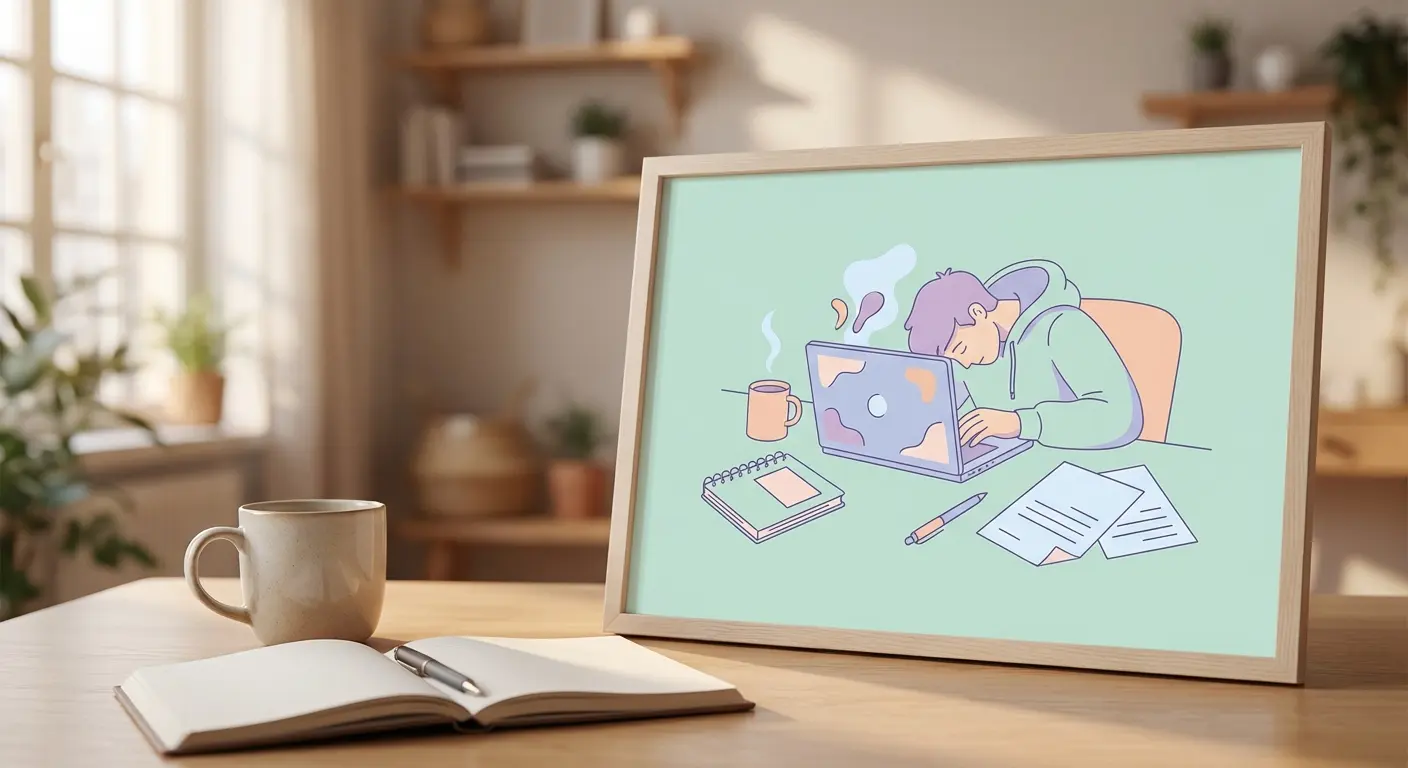 Étudiant stressé devant son ordinateur en train de rédiger son mémoire avec des outils anti-plagiat