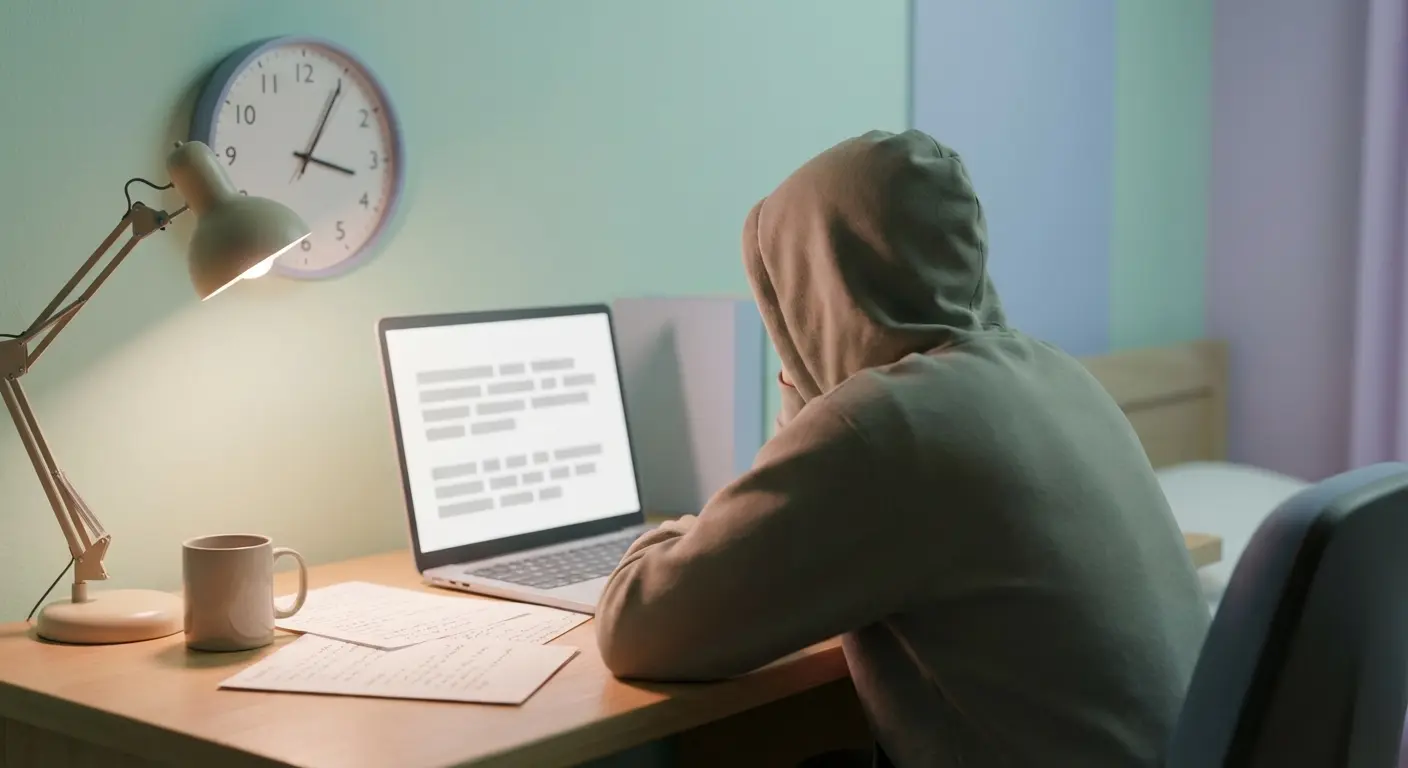 Étudiant frustré devant son laptop tard le soir, entouré de notes dispersées, illustrant la difficulté de rédiger un mémoire universitaire avec l'IA