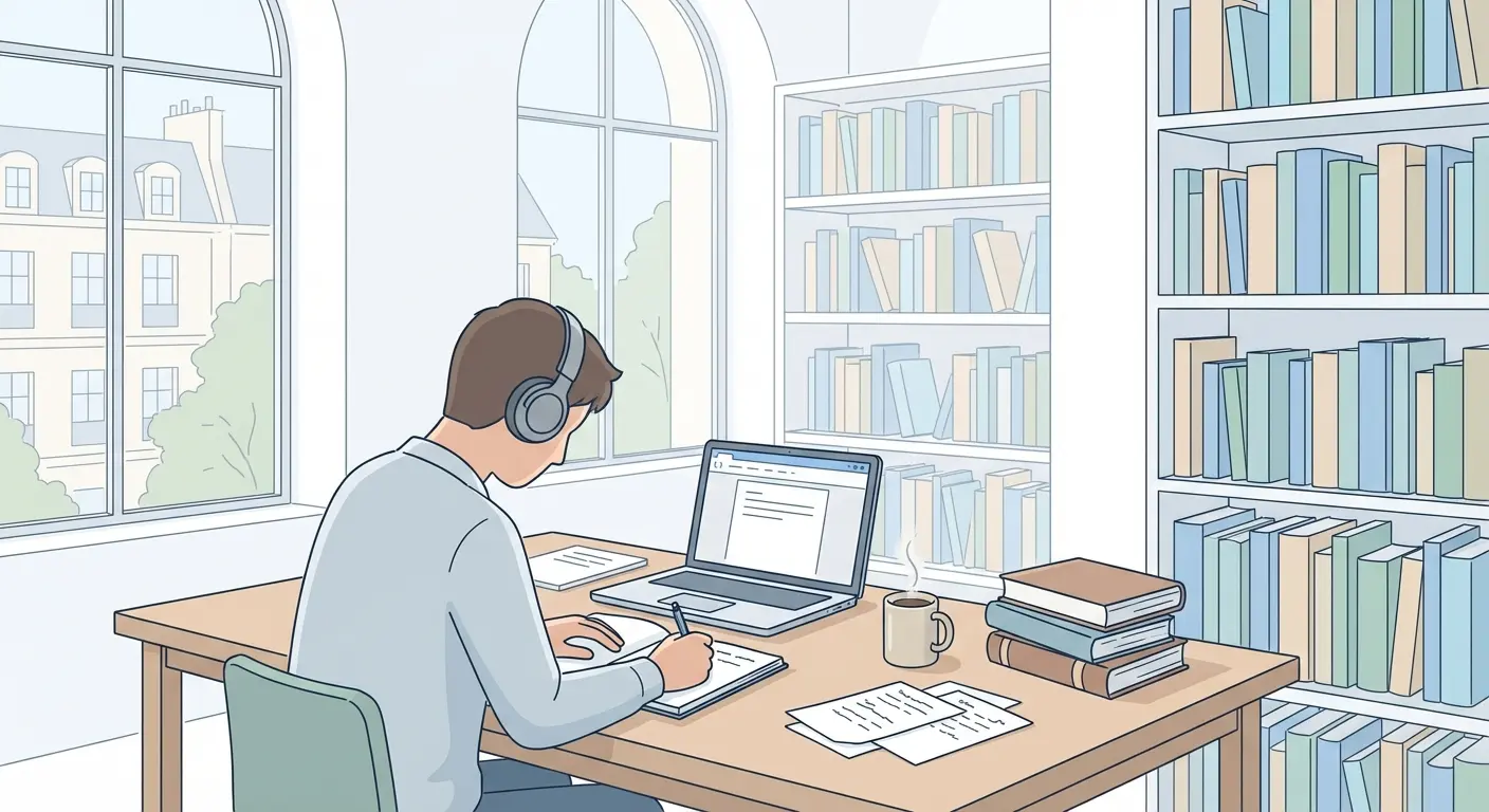 Étudiant qui rédige son mémoire dans une bibliothèque universitaire en France, assis à un bureau avec un ordinateur portable et des notes