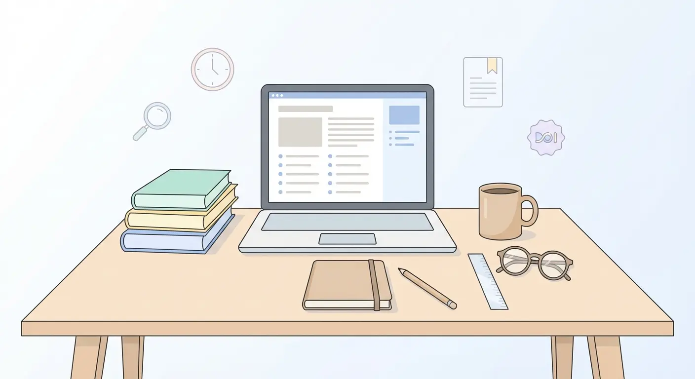 Espace de travail académique avec laptop, livres de référence et symboles APA pour la méthodologie de recherche et normes de citation en France