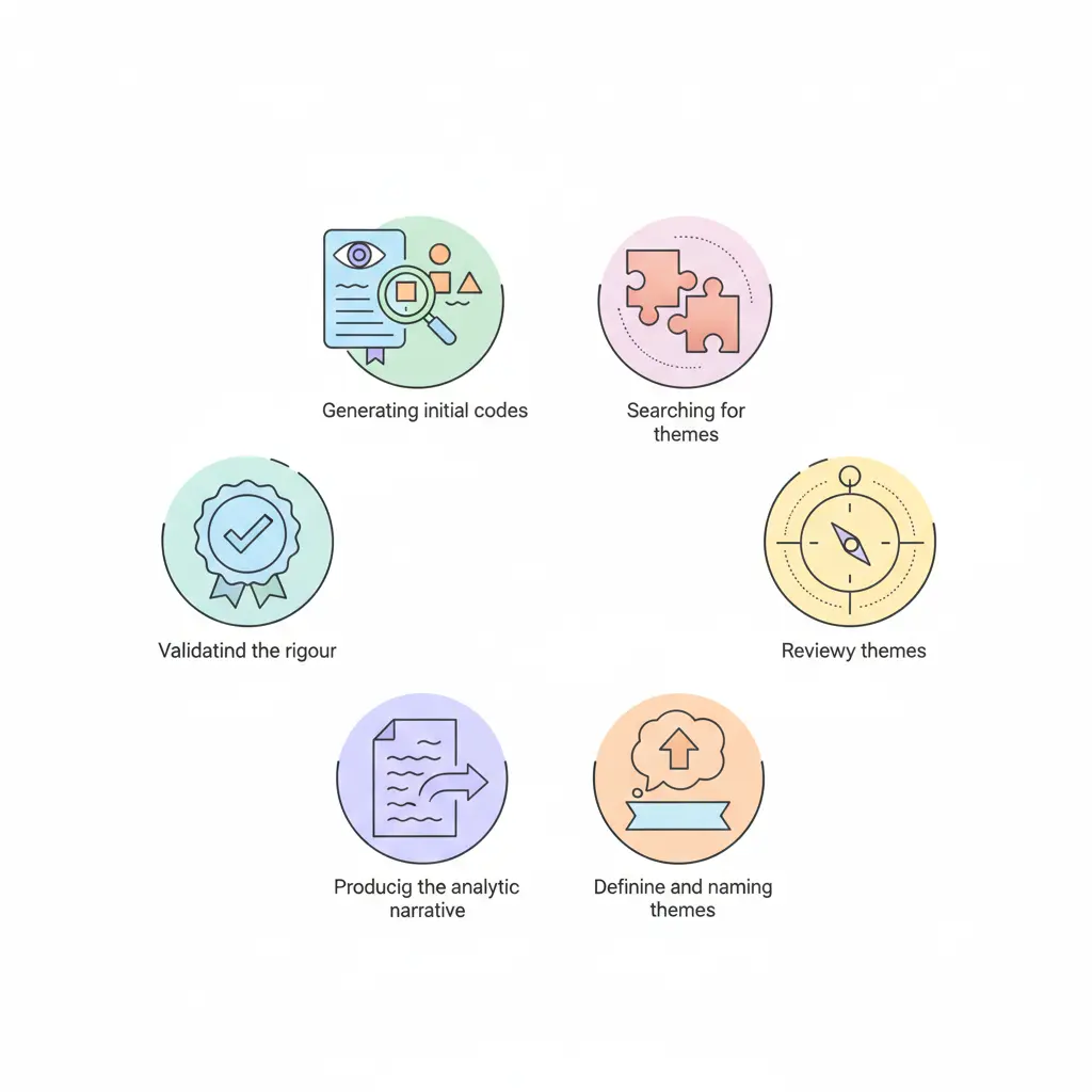Illustration des sept étapes de l'analyse thématique en recherche qualitative : familiarisation, codage, identification des thèmes, révision, définition, rédaction et validation