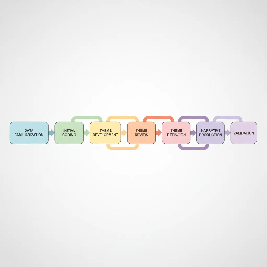 Diagramme en 7 étapes de l'analyse thématique qualitative : de la familiarisation des données à la validation de la rigueur méthodologique