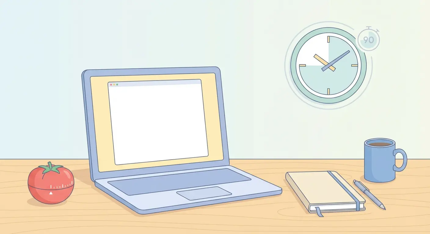 Bureau étudiant avec minuteur Pomodoro, ordinateur portable et café pour des sessions de rédaction de mémoire de 90 minutes