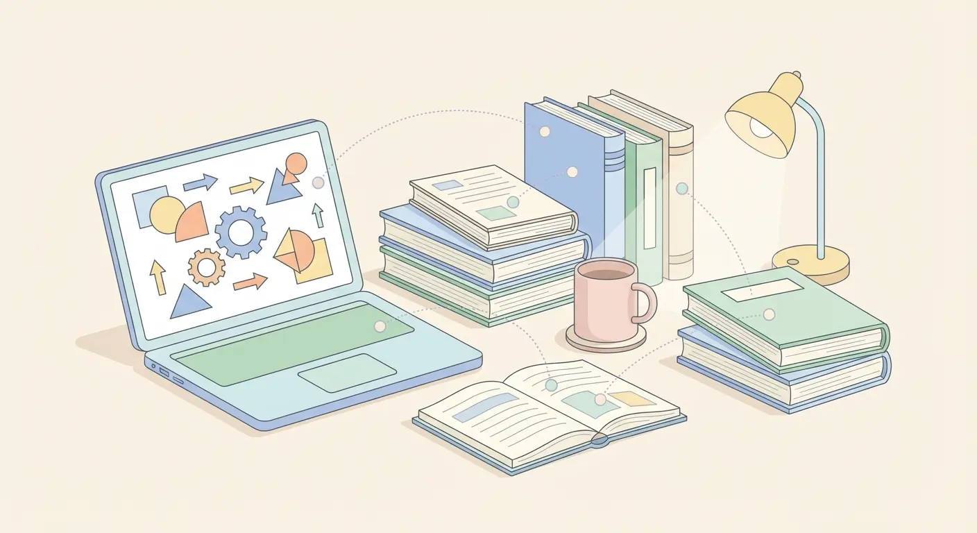 Illustration d'une revue de littérature de mémoire de recherche avec des livres, articles académiques et connexions entre sources