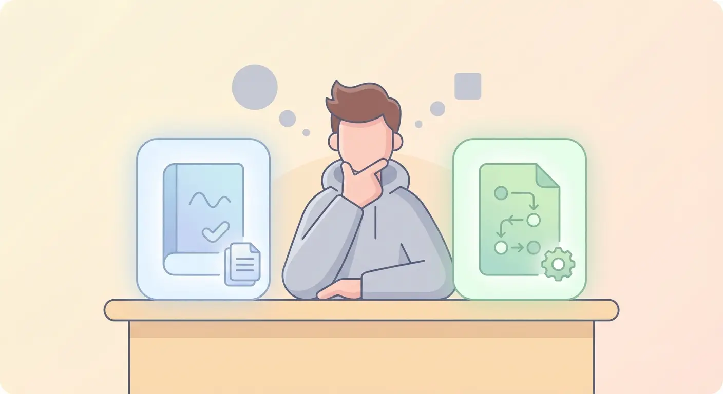 Étudiant comparant un exemple de mémoire de master et un plan de rédaction sur son bureau