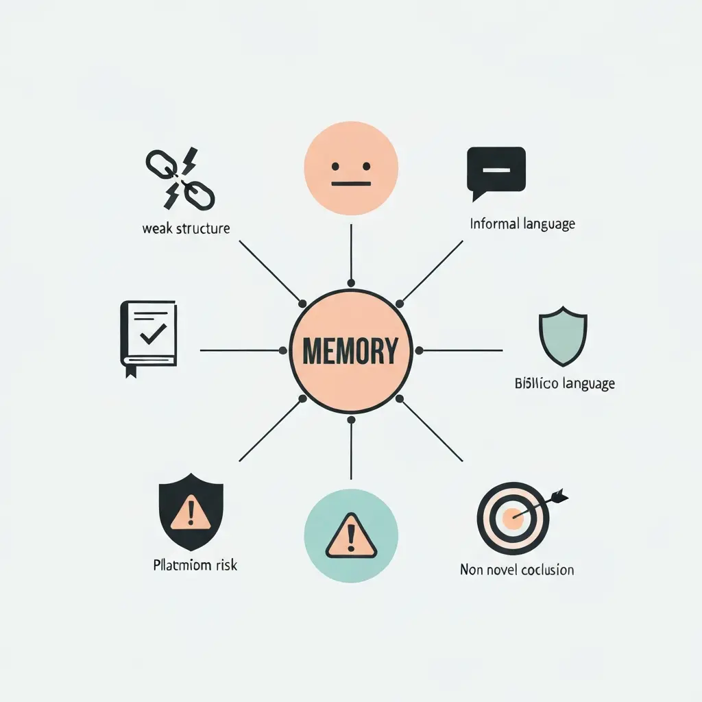 Infographie illustrant les 5 erreurs fréquentes dans la rédaction d'un mémoire universitaire : structure faible, langue informelle, bibliographie incomplète, risque de plagiat, conclusion sans apport