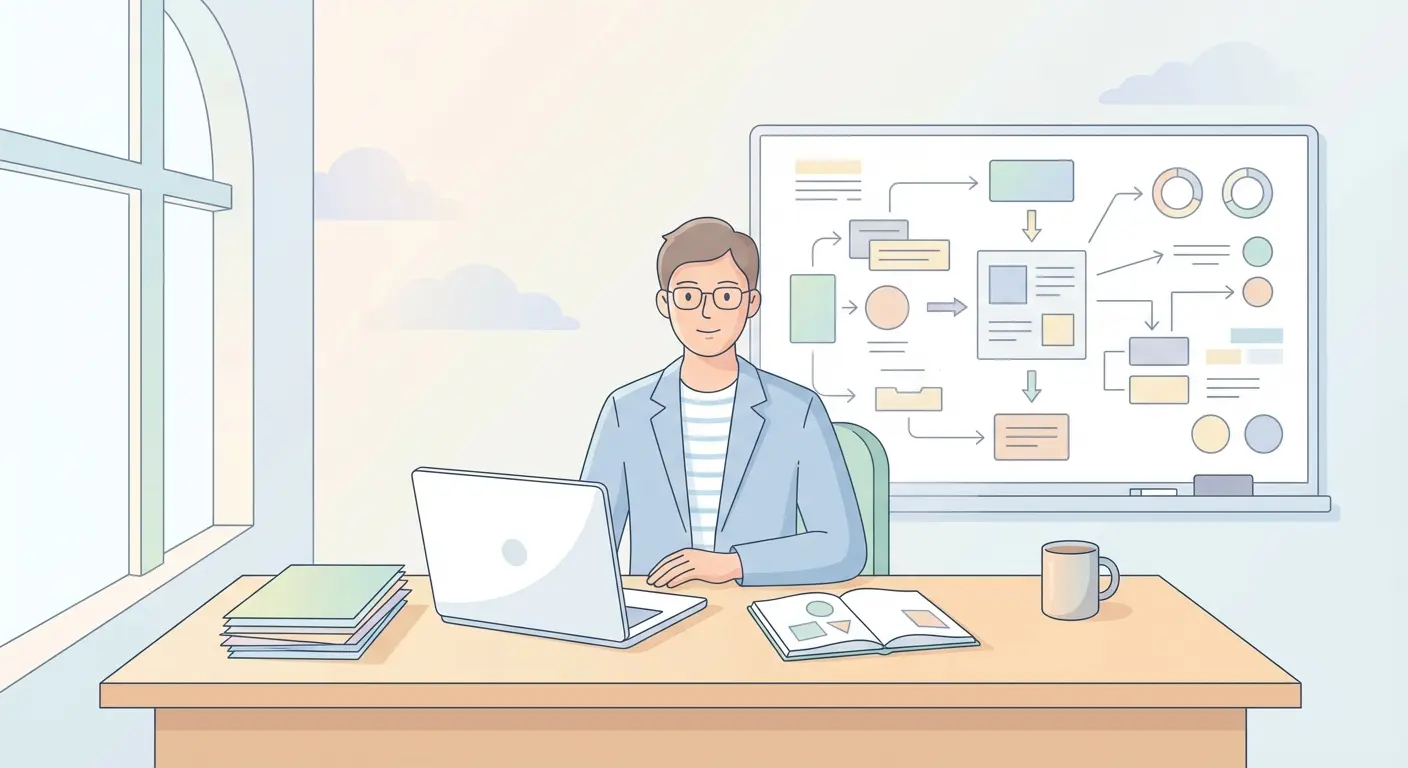 Chercheur appliquant une méthodologie de recherche structurée pour planifier un article scientifique dans un bureau universitaire français