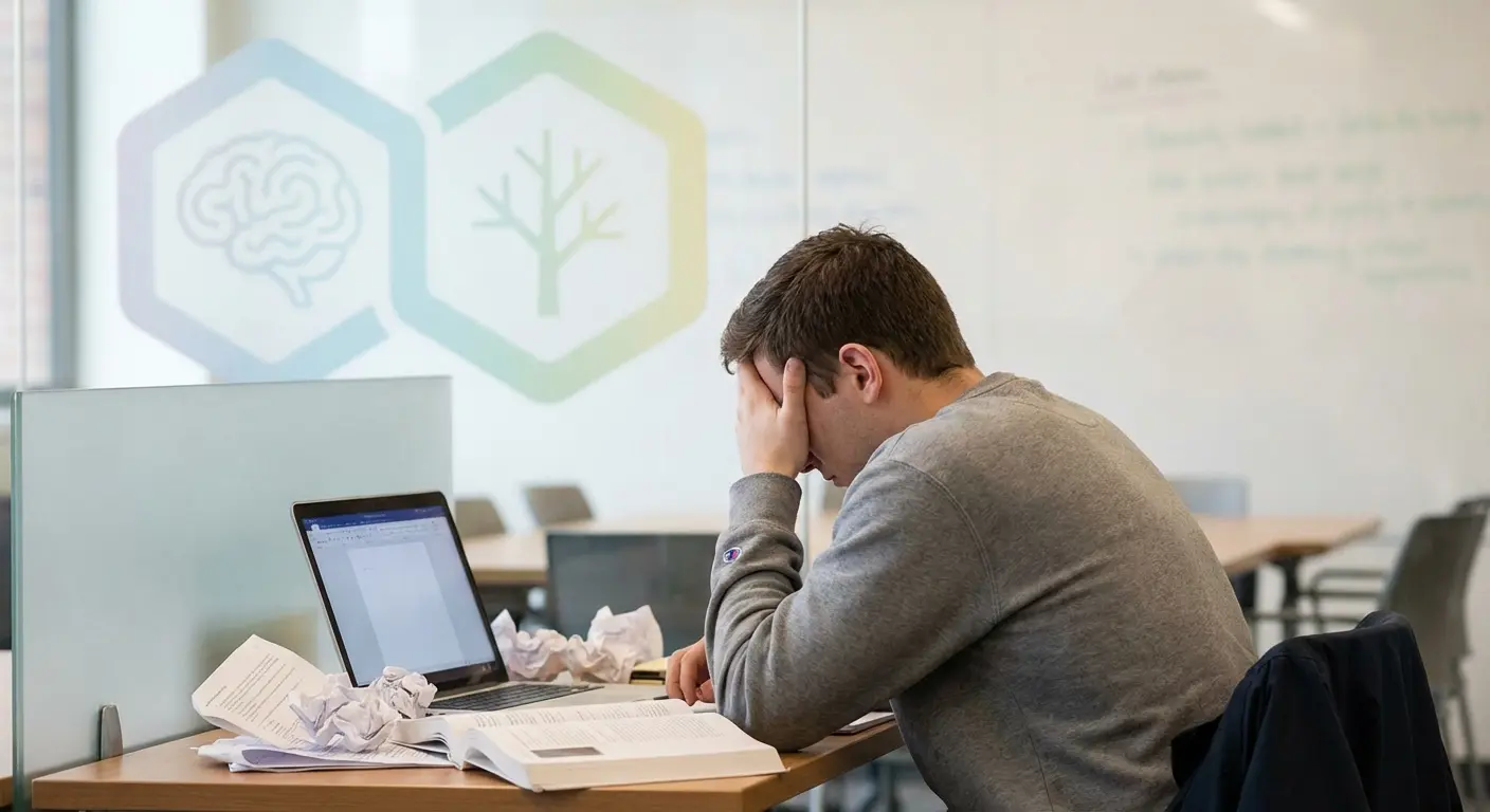 Étudiant stressé face à son ordinateur, hésitant entre deux outils IA pour rédiger son mémoire universitaire