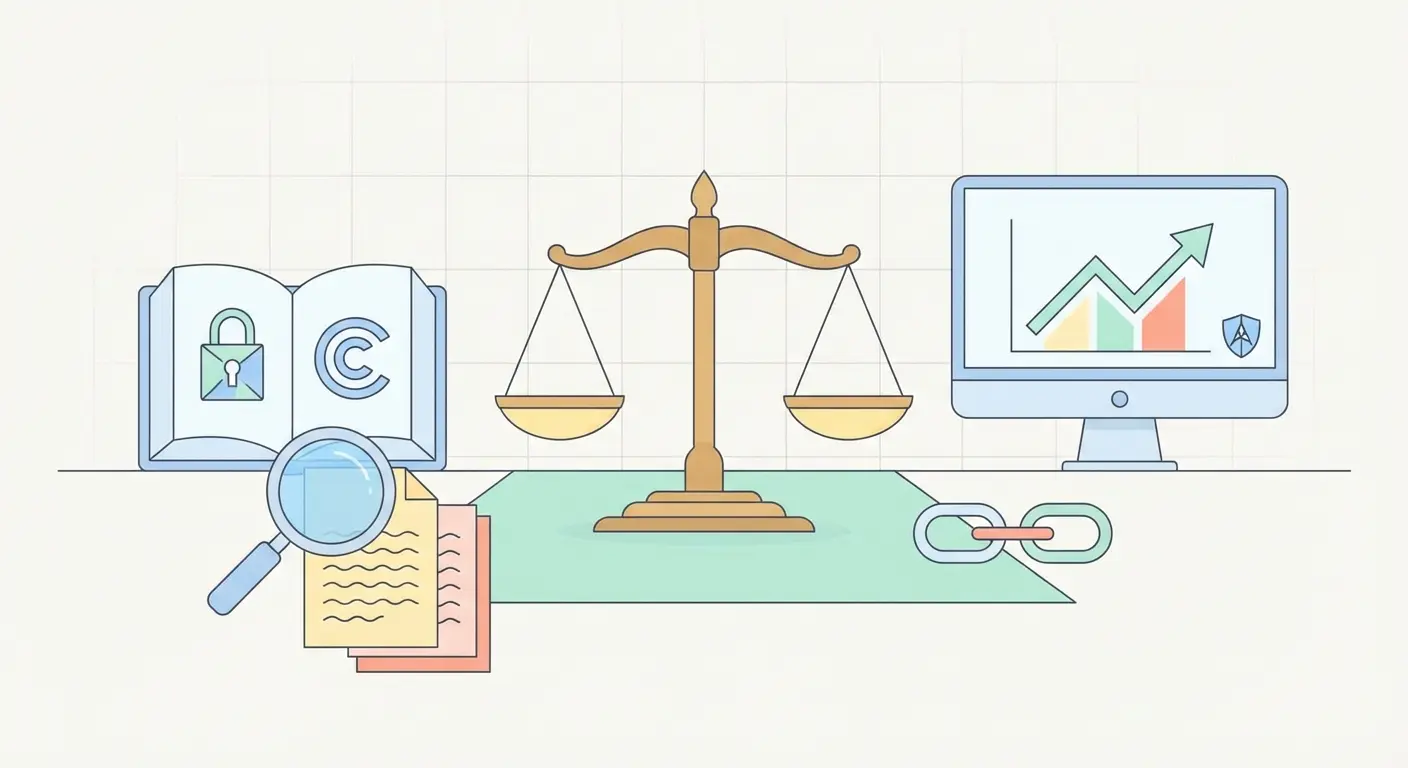 Éthique de la recherche universitaire et méthodologie HAL — illustration vectorielle représentant droits d'auteur, licences Creative Commons et intégrité scientifique
