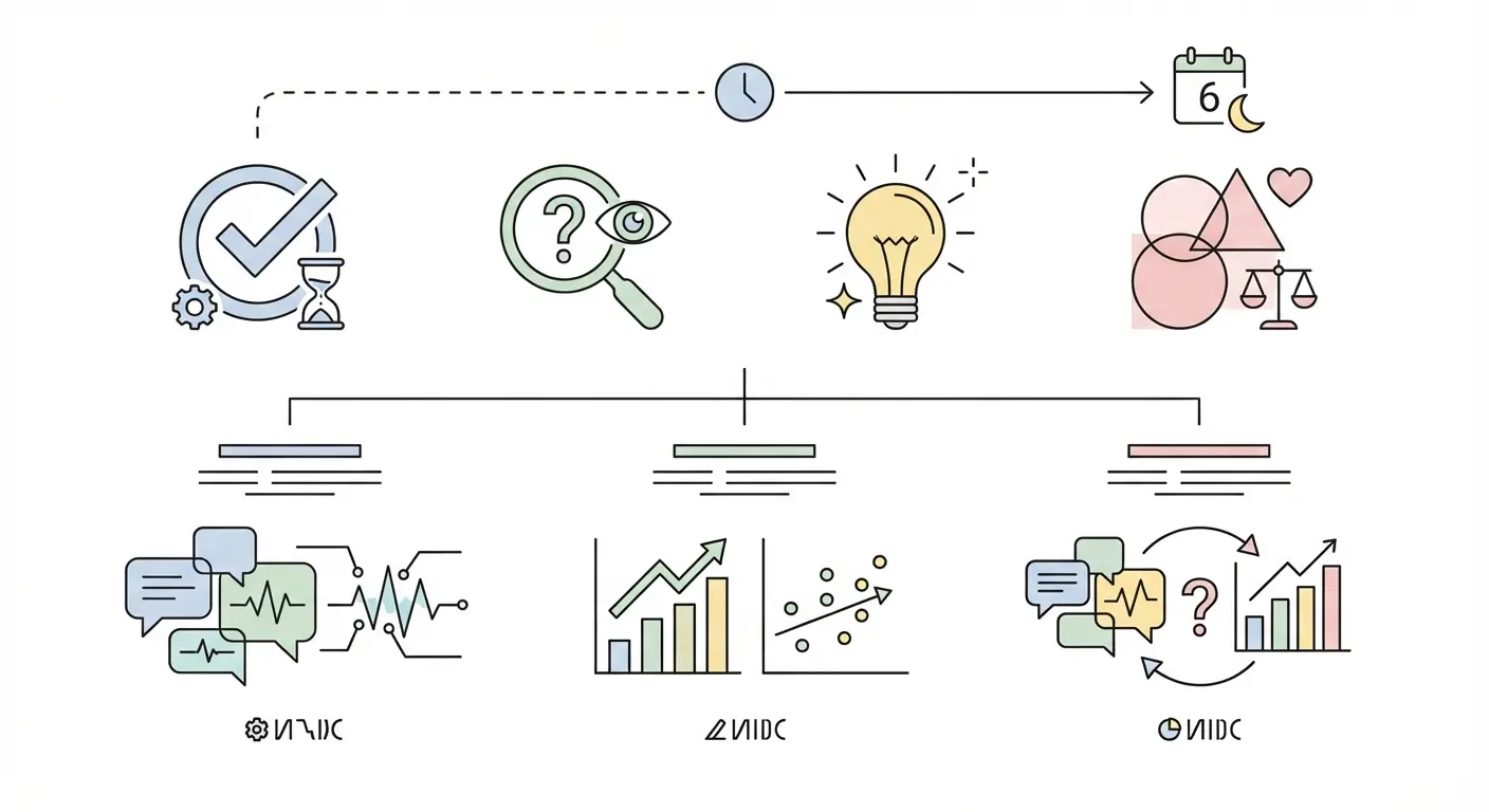 Infographie illustrant le cadre FINER et les trois options de design méthodologique — qualitatif, quantitatif et mixte — pour structurer une question de recherche en 6 mois